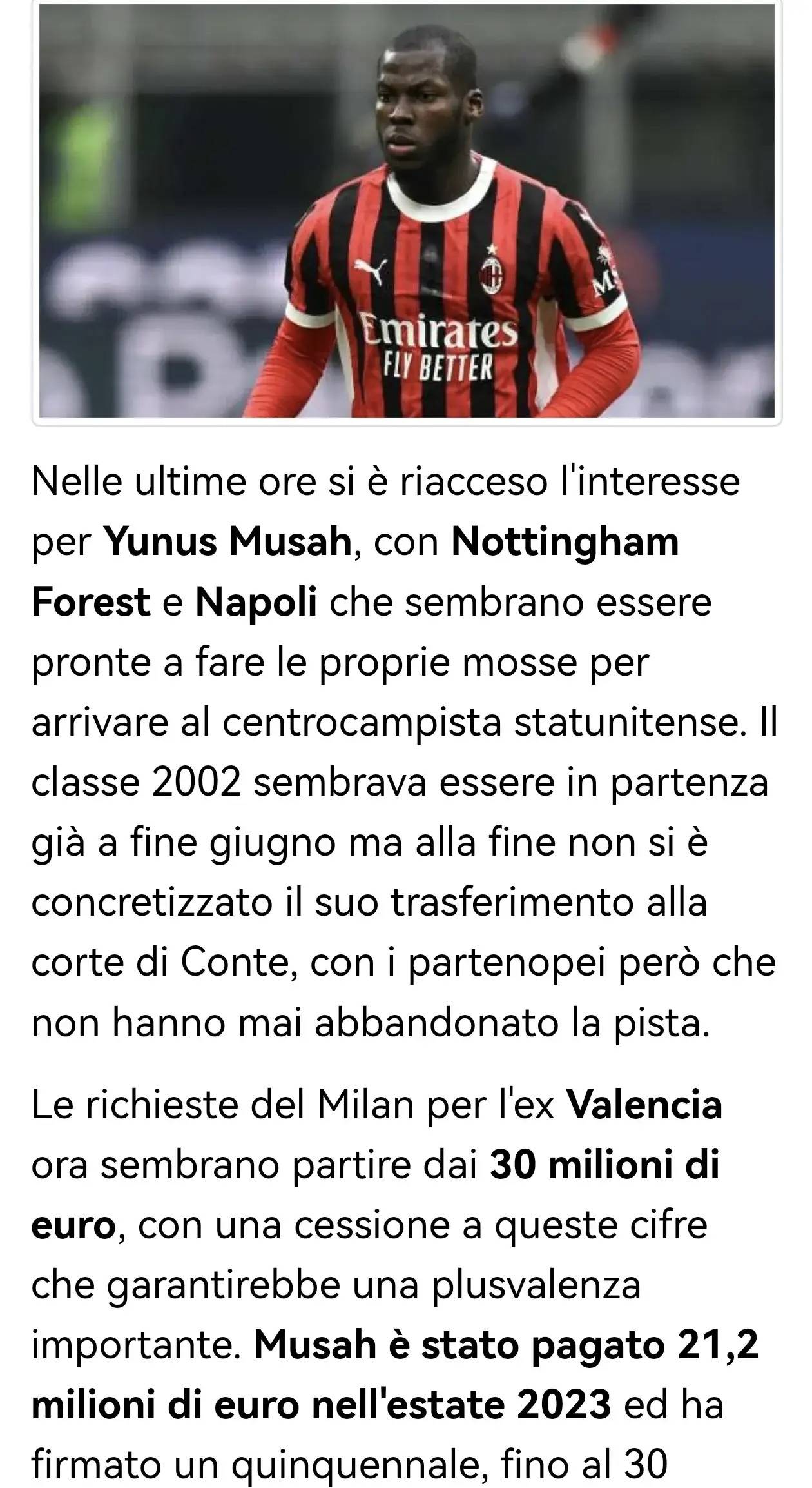 皇冠HG-意甲媒体透露：由于诺丁汉森林和那不勒斯均对穆萨感兴趣，米兰已设起步价3000万欧，价高者得